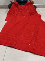 Cambric Cotton Red Festival Wear Chikankari Phulkari Kurti With Palazzo